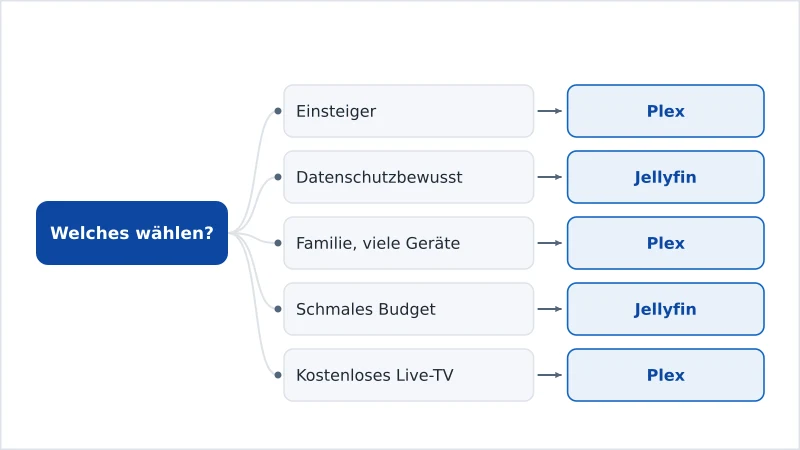 Ein Entscheidungsdiagramm, das je nach Nutzerpriorität Plex oder Jellyfin empfiehlt