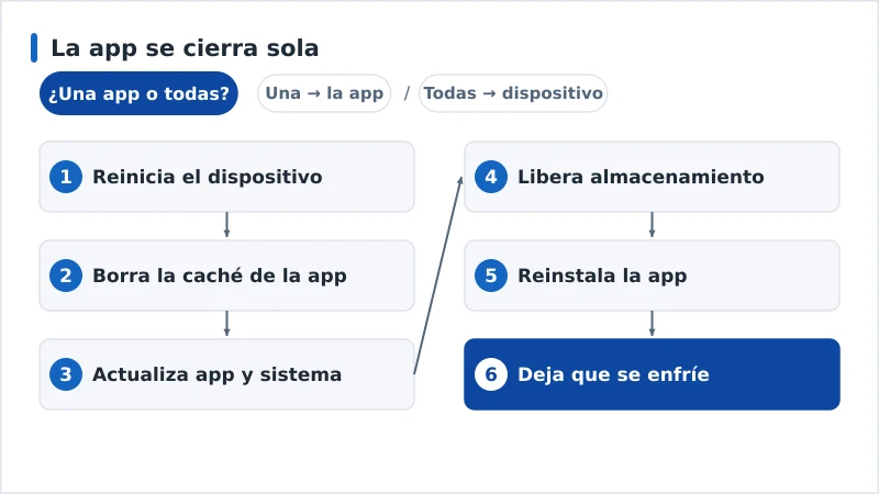 Diagrama de diagnóstico de una app que se cierra, de la caché a la reinstalación