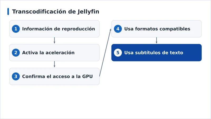 Diagrama de diagnóstico de la transcodificación de Jellyfin, de la aceleración a los códecs