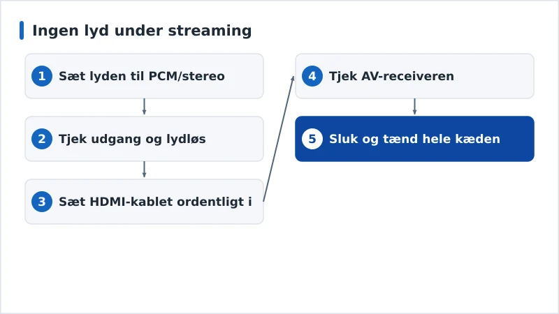 Et diagnoseforløb for manglende lyd fra lydformat til receiver