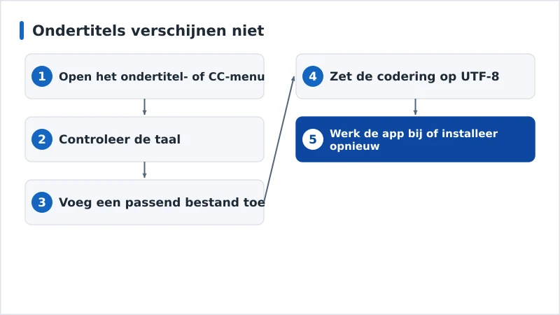 Een diagnoseschema voor ontbrekende ondertitels, van spoorkeuze tot tekstcodering