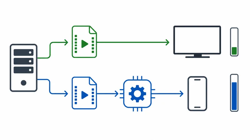 Et diagram som viser Direct Play mot transkoding mellom server og enheter i Plex
