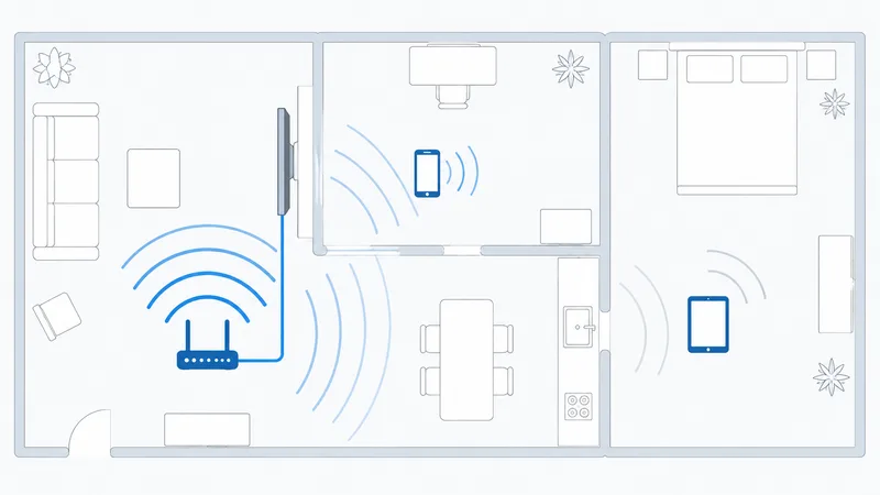 Diagram over et hjem med kablet Ethernet fram til hoved-TV-en og Wi-Fi til mobiler og nettbrett