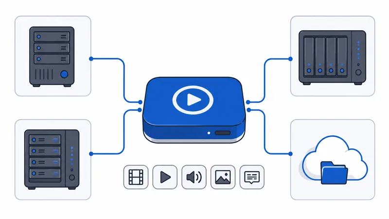 Et diagram som viser Infuse som Apple TV-frontend koblet til Plex, Jellyfin, NAS og sky