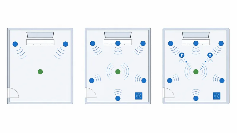 Diagram som viser høyttaleroppsett for 2.0 stereo, 5.1 surround og Dolby Atmos side ved side
