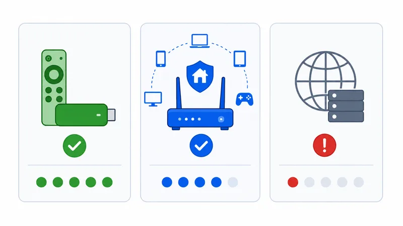 Et diagram som sammenligner strømmeenhet, VPN på ruter og Smart DNS til en smart-TV