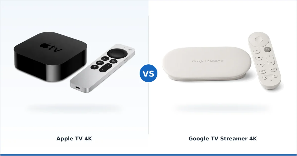 Apple TV 4K ved siden av en Google TV Streamer 4K, sammenlignet side om side