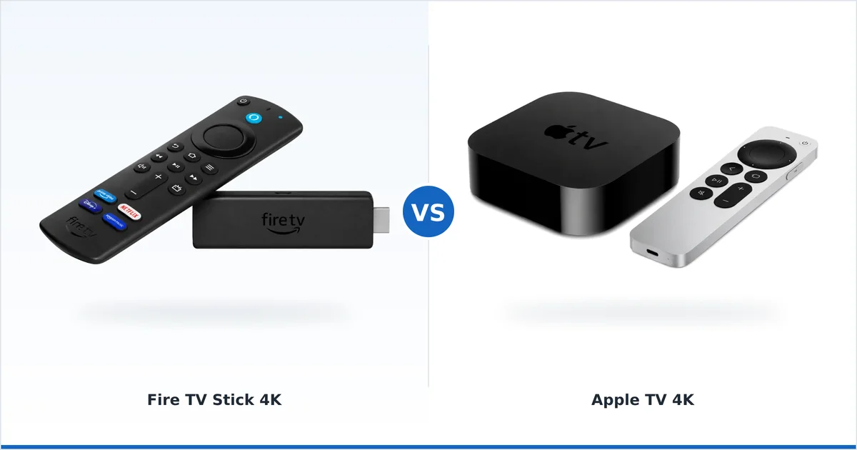 Den rimelige Fire TV Stick 4K ved siden av premium-boksen Apple TV 4K, sammenlignet side om side