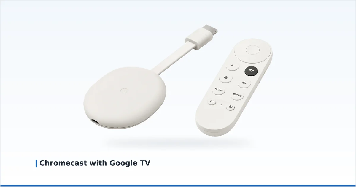 Chromecast with Google TV-donglen og fjernkontrollen på nøytral hvit bakgrunn