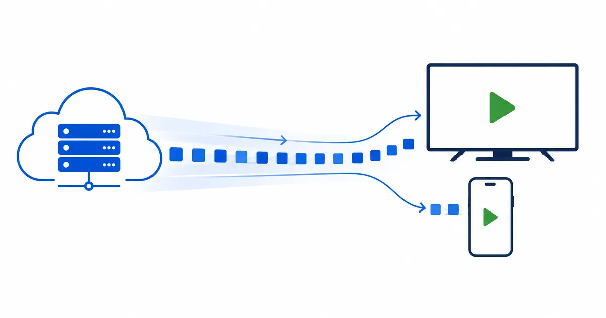 Illustrasjon av en videostrøm som beveger seg som små datapakker fra en skyserver til en TV