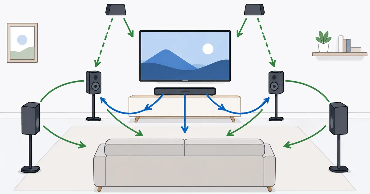 En stue der lyden kommer fra surround- og takretninger og illustrerer Dolby Atmos-lyd