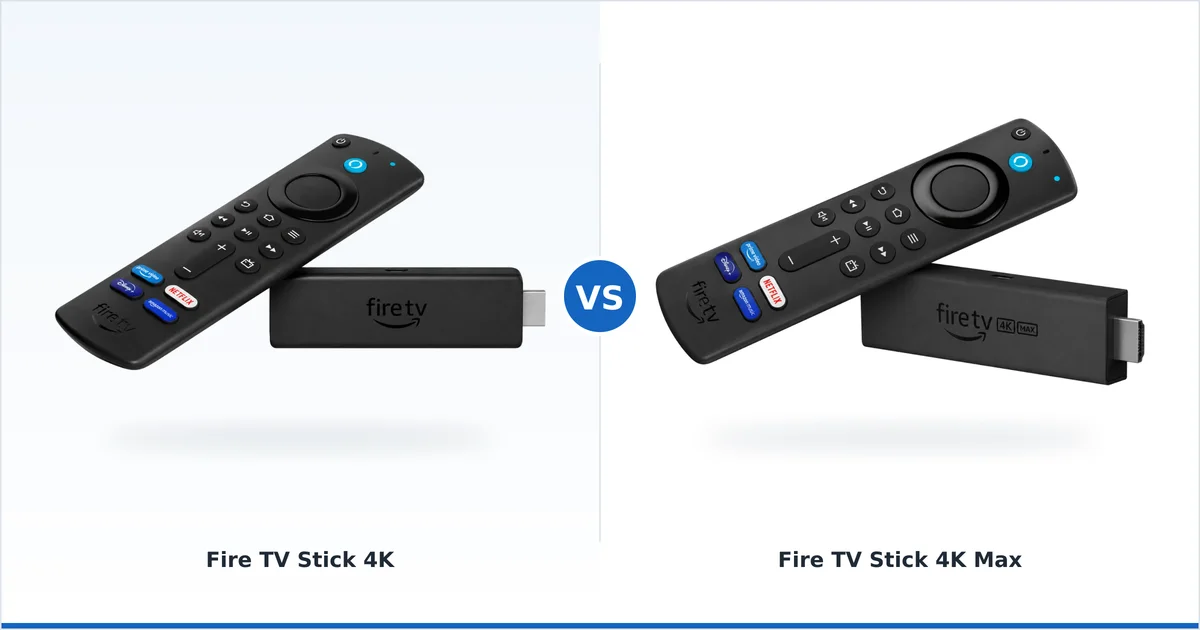 Fire TV Stick 4K ved siden av Fire TV Stick 4K Max, sammenlignet side om side