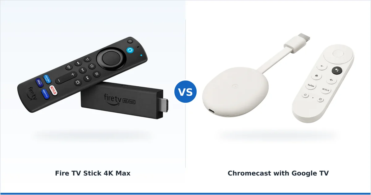 Fire TV Stick 4K Max ved siden av en Chromecast with Google TV, sammenlignet side om side