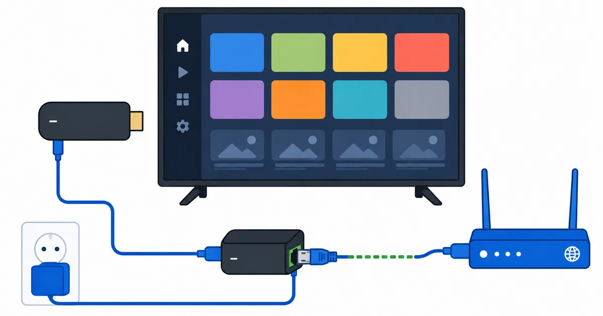 En Fire TV Stick koblet til den offisielle Ethernet-adapteren med en nettverkskabel