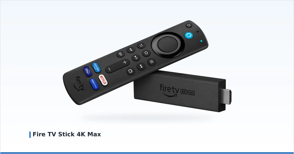 Amazon Fire TV Stick 4K Max strømmestick med fjernkontrollen sin på nøytral hvit bakgrunn