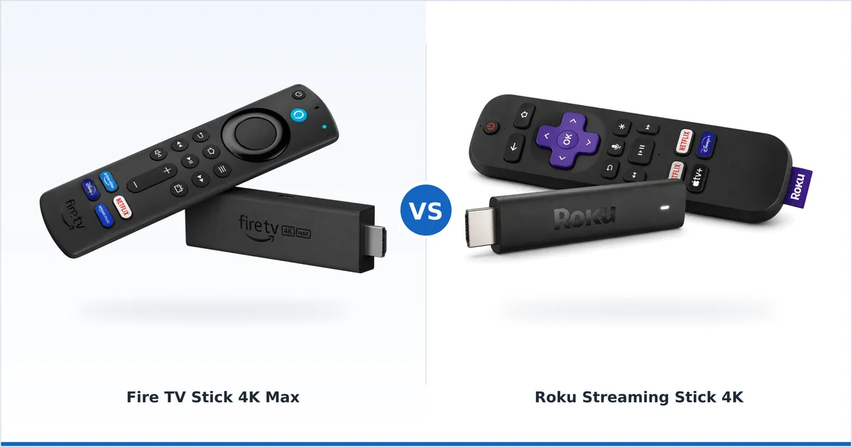 Fire TV Stick 4K Max ved siden av en Roku Streaming Stick 4K, sammenlignet side om side