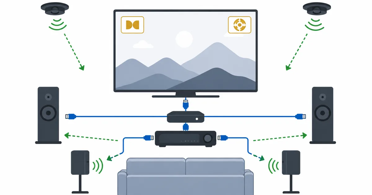 Et hjemmekinooppsett for strømming med en 4K-boks, AV-receiver og Atmos-høyttalere