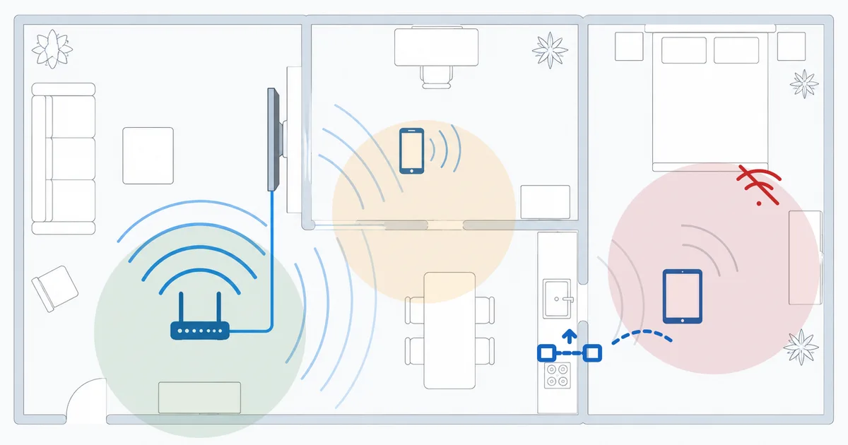En plantegning av en bolig som viser Wi-Fi-signalstyrke og løsninger