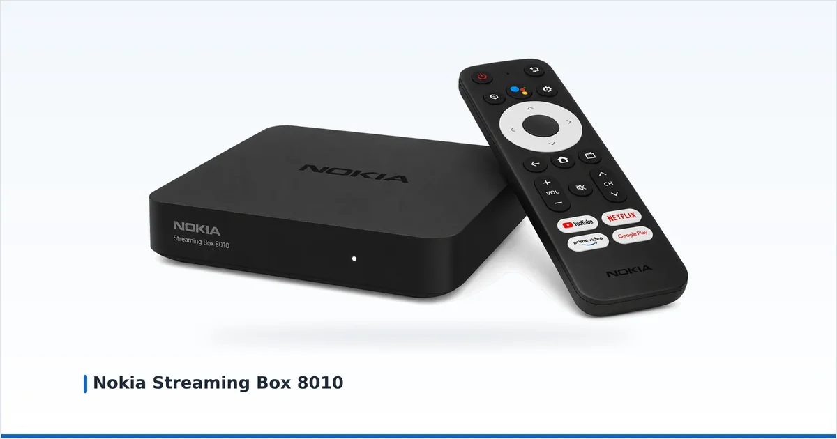 Nokia Streaming Box 8010 med fjernkontrollen på nøytral hvit bakgrunn