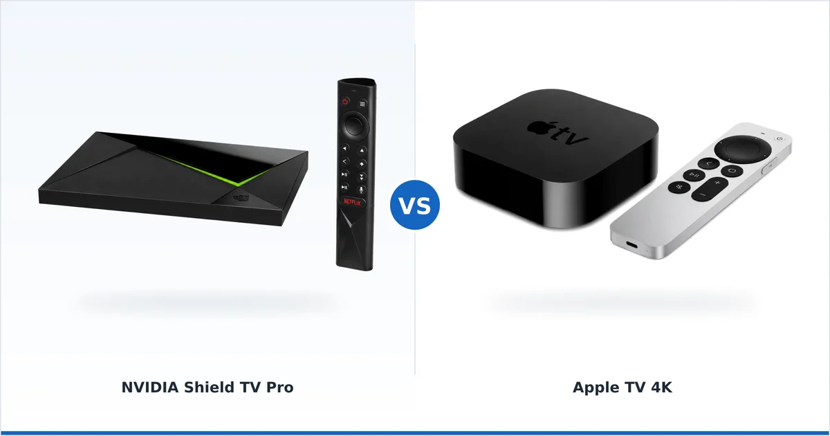NVIDIA Shield TV Pro ved siden av en Apple TV 4K, sammenlignet side om side