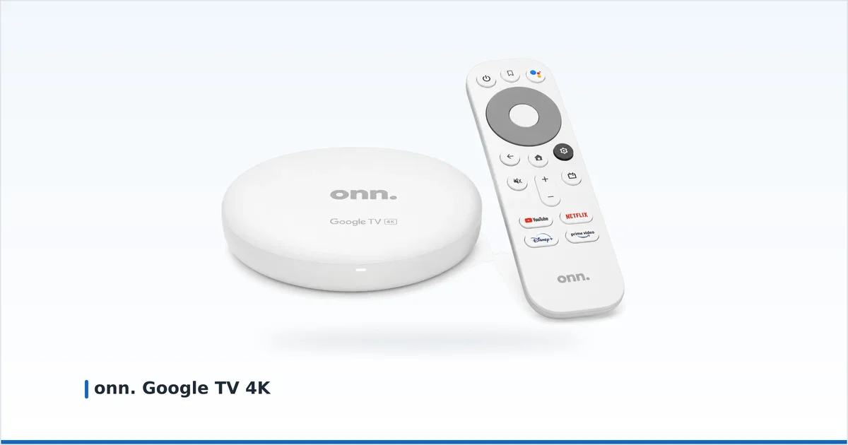 Walmarts onn. Google TV 4K-boks med fjernkontrollen på nøytral hvit bakgrunn