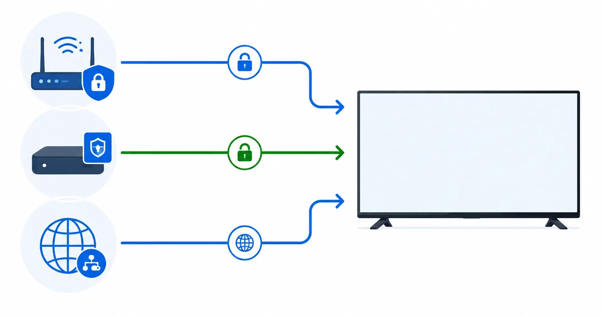 En smart-TV med de tre reelle VPN-løsningene — ruter, strømmeenhet og Smart DNS
