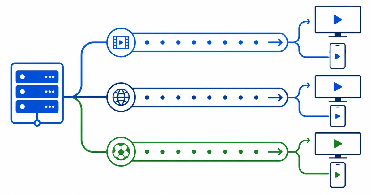 Tre merkede veier som viser HLS, DASH og RTMP som fører video fra en server til seernes enheter