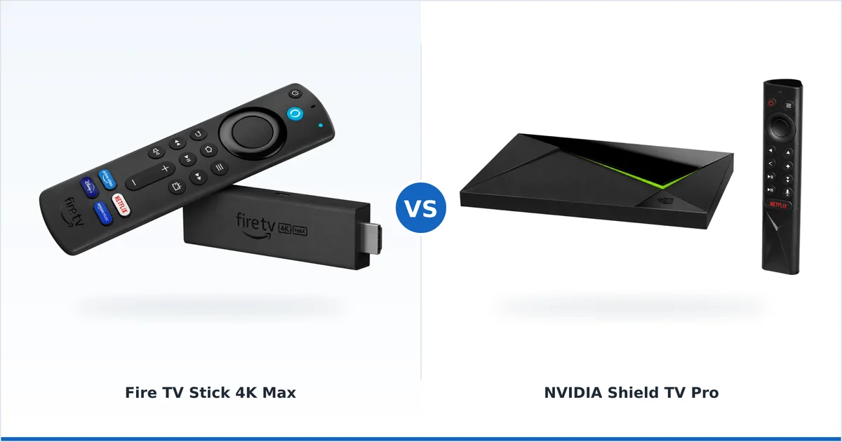 Strømmesticken Fire TV Stick 4K Max ved siden av den større NVIDIA Shield TV Pro-boksen, sammenlignet side om side