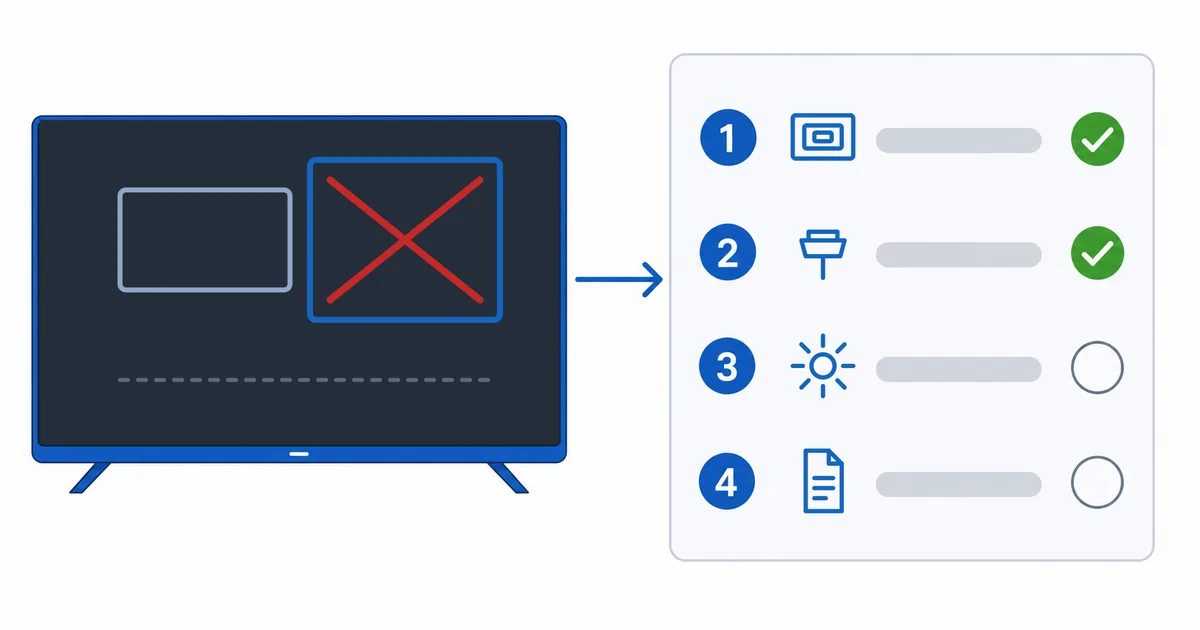 En TV som viser HD i stedet for 4K ved siden av en sjekkliste med løsninger