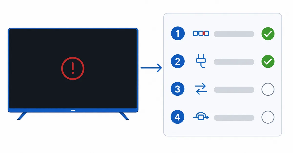 En svart TV-skjerm med en HDMI-kjede som viser hvor HDCP-håndtrykket svikter