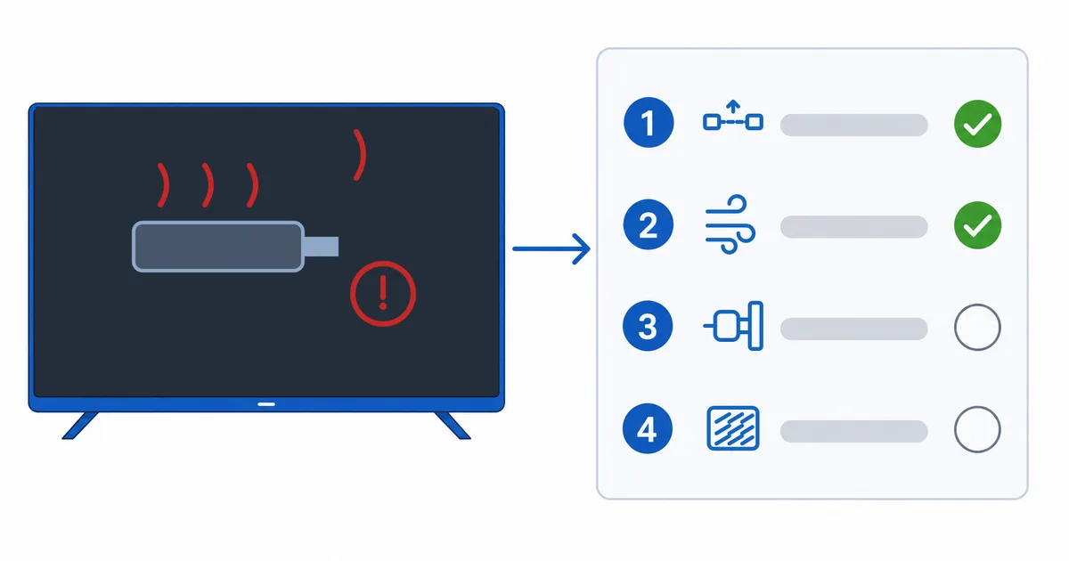 En Fire TV Stick bak en TV med varme, og en HDMI-forlenger som løsning
