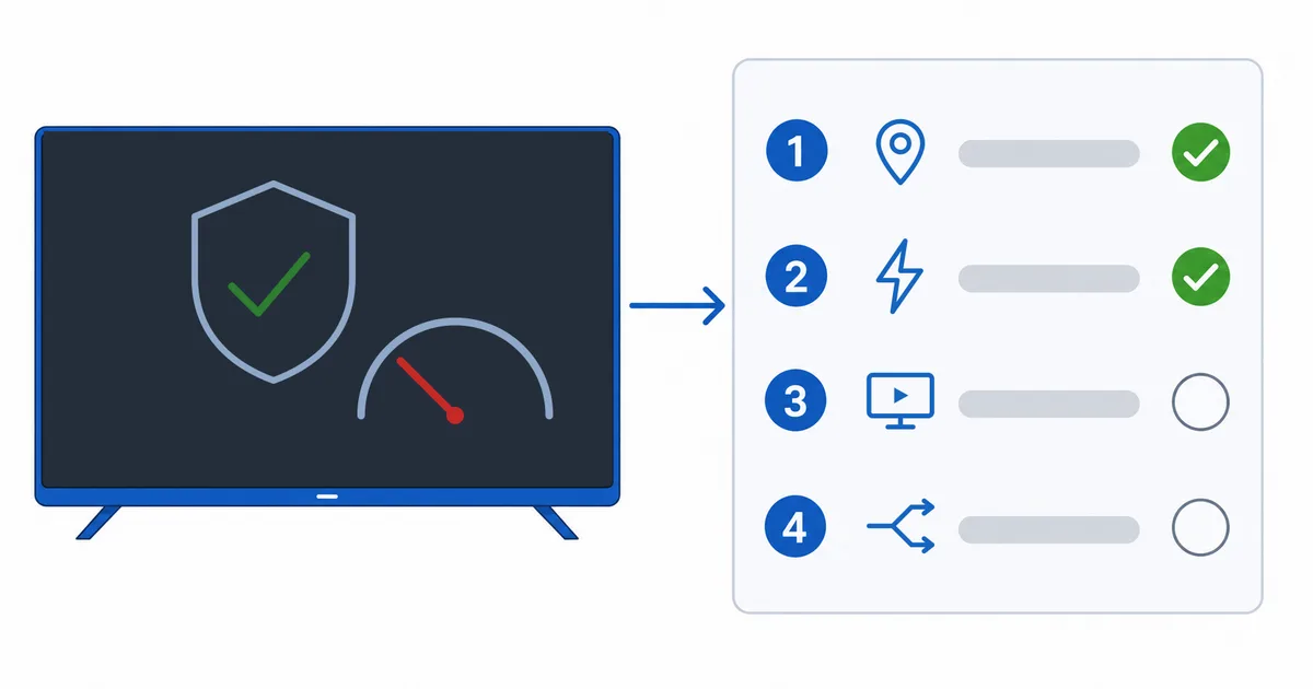 En VPN-app som strømmer 4K, med en sjekkliste for server i nærheten og protokoll