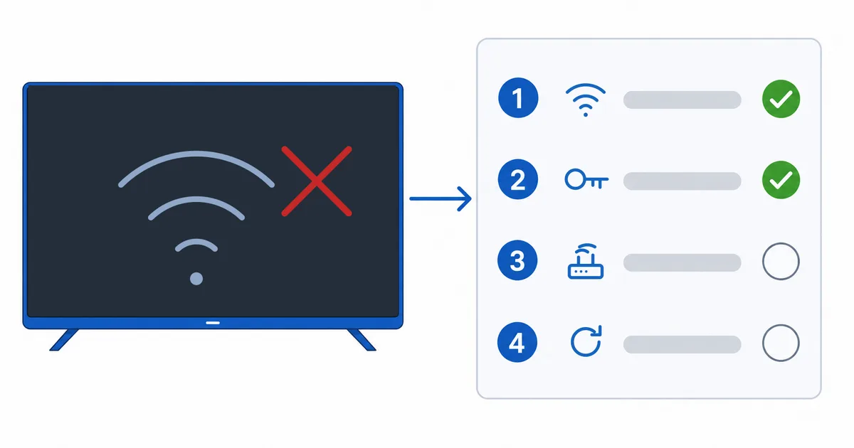 En strømmeenhet som ikke får koblet seg til Wi-Fi, ved siden av en sjekkliste med løsninger
