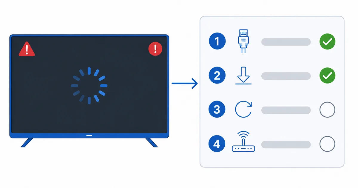 Buffering-symbolet på en TV ved siden av en sjekkliste med løsninger