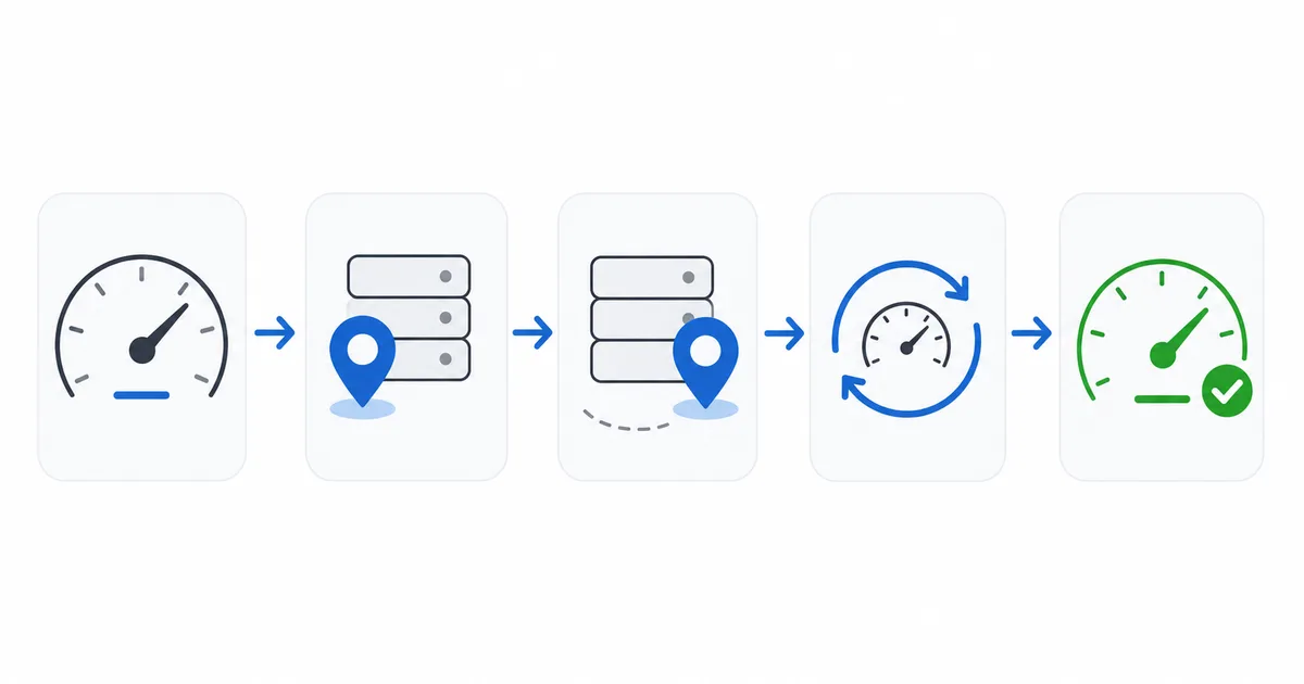 Et diagram over prosessen for hastighetstesting av VPN, fra grunnhastighet til prosent beholdt