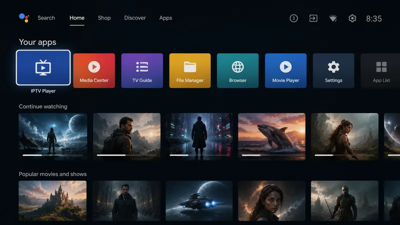 Hjemmeskjermen i Android TV på en MECOOL-boks med en IPTV-avspiller installert