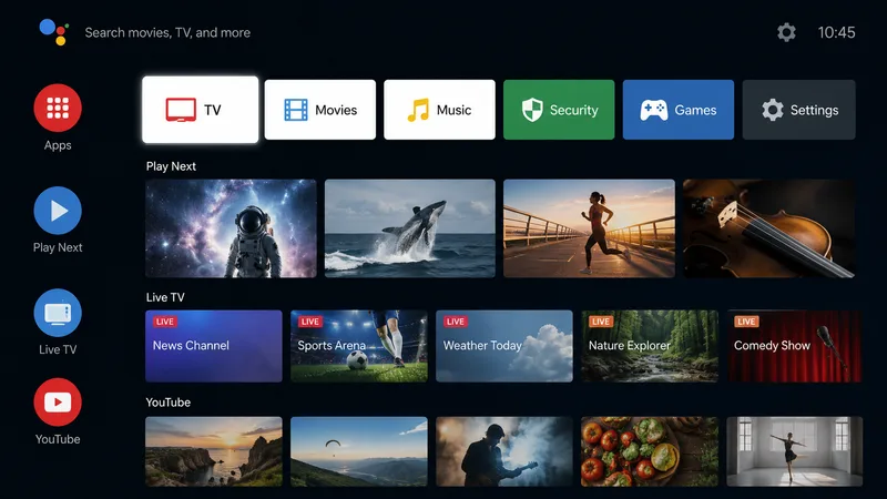 Hjemmeskjermen i Android TV på Nokia Streaming Box med en flis for videosamtaler