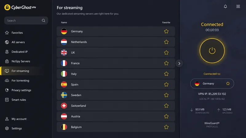 CyberGhosts Fire TV-app som viser strømmeoptimaliserte serverkategorier