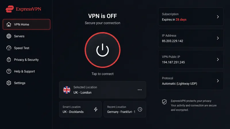 ExpressVPNs Fire TV-app som viser tilkoblingsknappen og en liste over steder