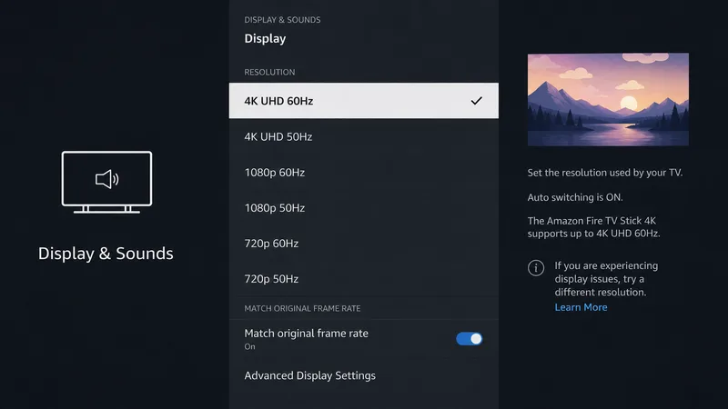 Skjerminnstillingene på Fire TV med 4K-oppløsning og tilpass opprinnelig bildefrekvens slått på