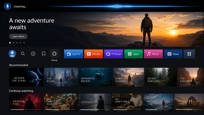 Hjemmeskjermen på Fire TV Cube med lytteindikator for håndfri Alexa