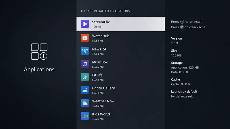Skjermen Administrer installerte apper på Fire TV som viser lagringsbruken per app