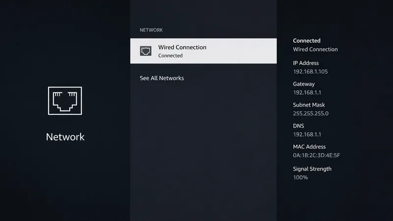 Nettverksinnstillingene på Fire TV med en aktiv kablet forbindelse