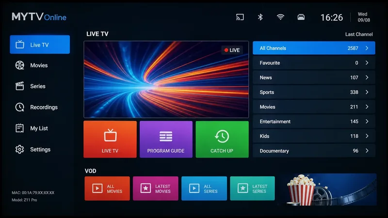 Hjemmeskjermen i Formuler-launcheren med en IPTV-avspiller og en spilleliste
