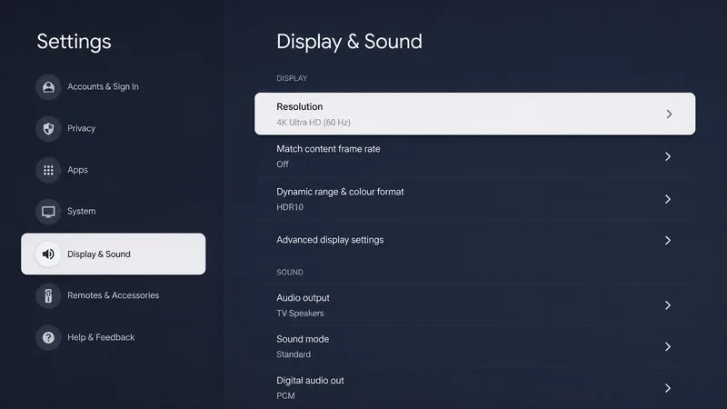 Skjerm- og lydinnstillingene i Google TV med valgene for HDR og Dolby Atmos