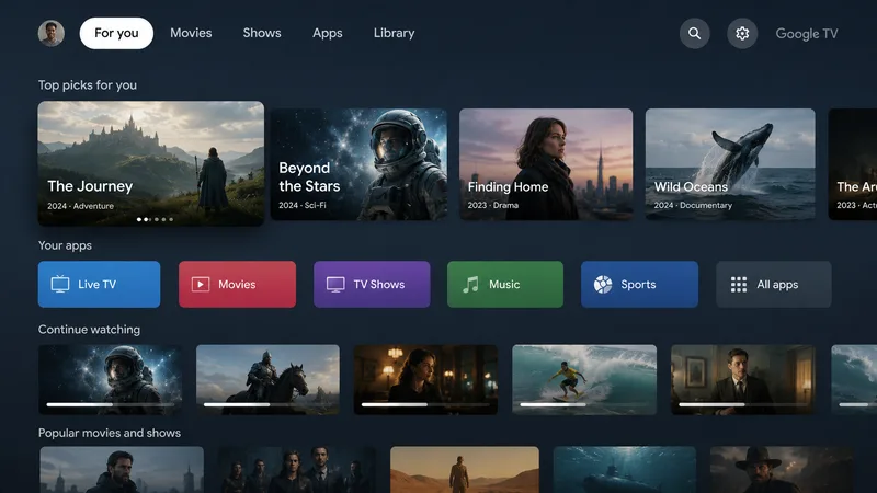 Hjemmeskjermen i Google TV på Chromecast med varsel om at lagringen nesten er full