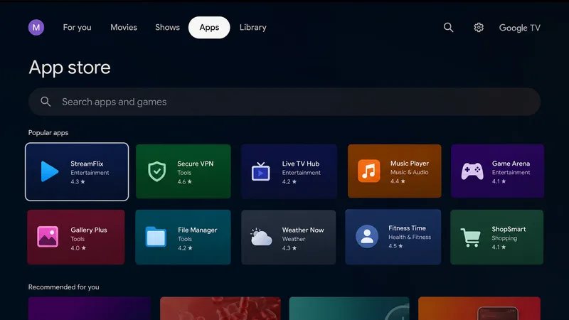 Den sertifiserte Google TV-hjemmeskjermen på Homatics-boksen med Play Store
