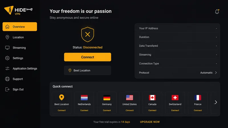 hide.me-appen på Android TV med serverliste og en tilkoblingsknapp
