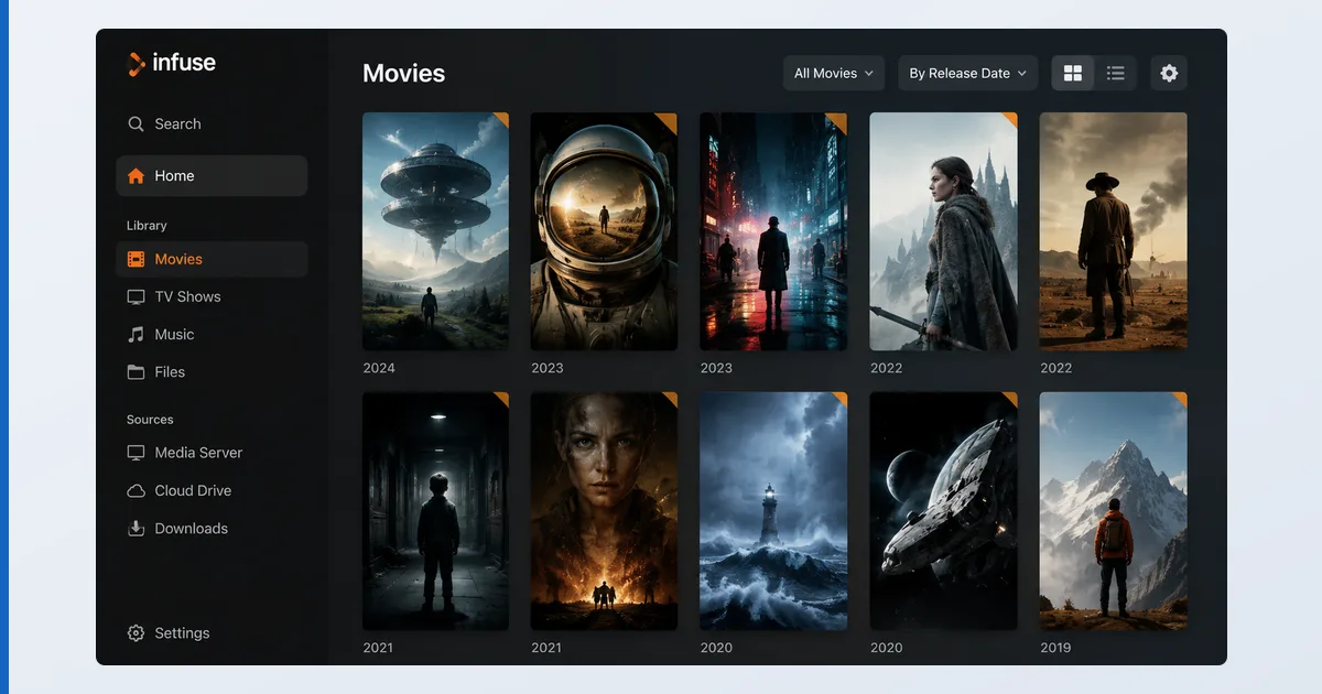 Grensesnittet i Infuse på Apple TV med et mediebibliotek med rike omslagsbilder