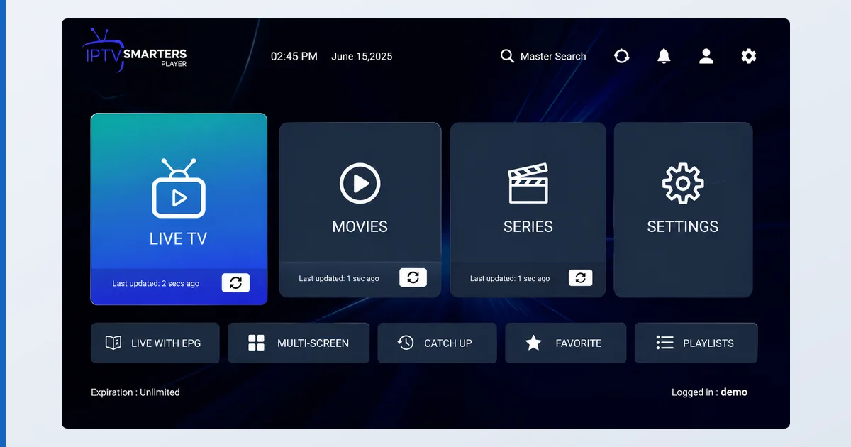 Grensesnittet i IPTV Smarters med kategoriene direktesendt TV, filmer og serier